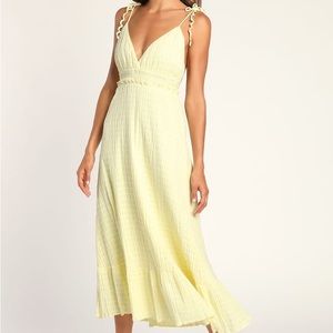 Blissful Breezes Light Yellow Smocked Tie-Strap Midi Dress